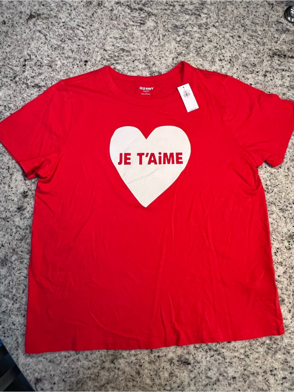 Old Navy Red Tee with White Heart "Je T'aime"